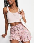 Asos Design Elasticated Waist Short With Frill Hem In Pink Based Floral-multi