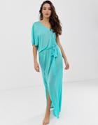 Asos Design One Shoulder Beach Slinky Maxi Dress-blue