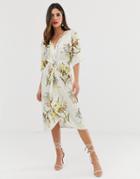 Hope & Ivy Knot Front Midi Dress In Summer Floral Print - Multi