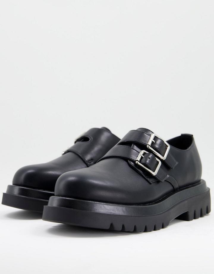 Truffle Collection Faux Leather Chunky Monk Shoes In Black