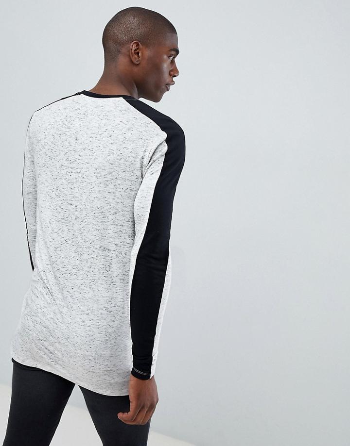 Asos Design Muscle Longline Long Sleeve T-shirt With Sleeve Panel In Interest Fabric - White