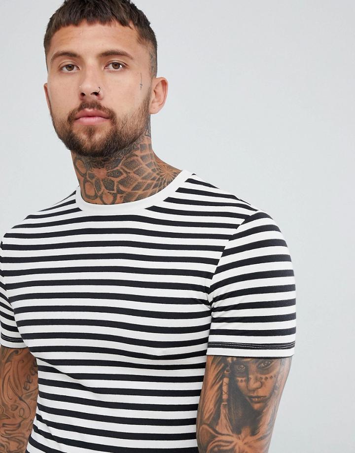 Asos Design Stripe Muscle Fit T-shirt In Black And White