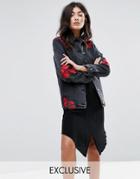 Liquor & Poker Denim Coach Jacket With Rose Embroidery - Black