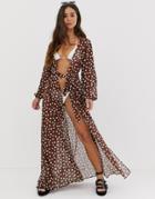 Asos Design Long Sleeve Wrap Tie Chiffon Maxi Beach Kimono In Brown Polka Dot - Multi