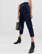 River Island Paperbag Mom Jeans With Contrast Stitching In Dark Wash-blue