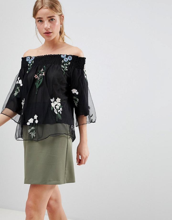 Qed London Off Shoulder Mesh Embroidered Top - Black