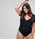 Asos Design Curve Recycled Supportive T-shirt Swimsuit With V Neck-black