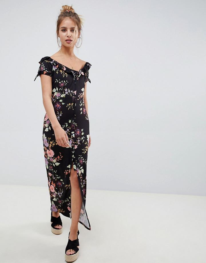 Asos Design Button Through Sweetheart Neck Maxi Dress In Floral Print-multi