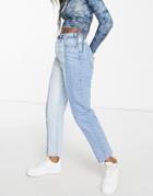 Stradivarius Straight Leg Contrast Two Tone Jeans With Raw Hem In Blue-blues