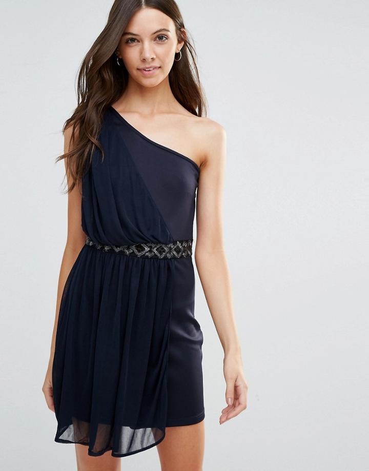 Jasmine One Shoulder Dress With Embellished Waist - Navy