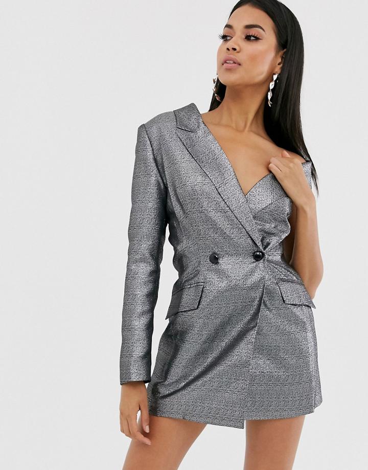 Asos Design Metallic One Shoulder Long Line Blazer-silver