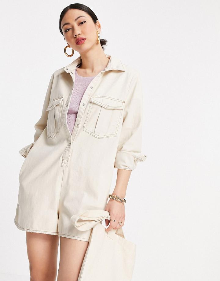 Mango Denim Jumpsuit In Ecru-white