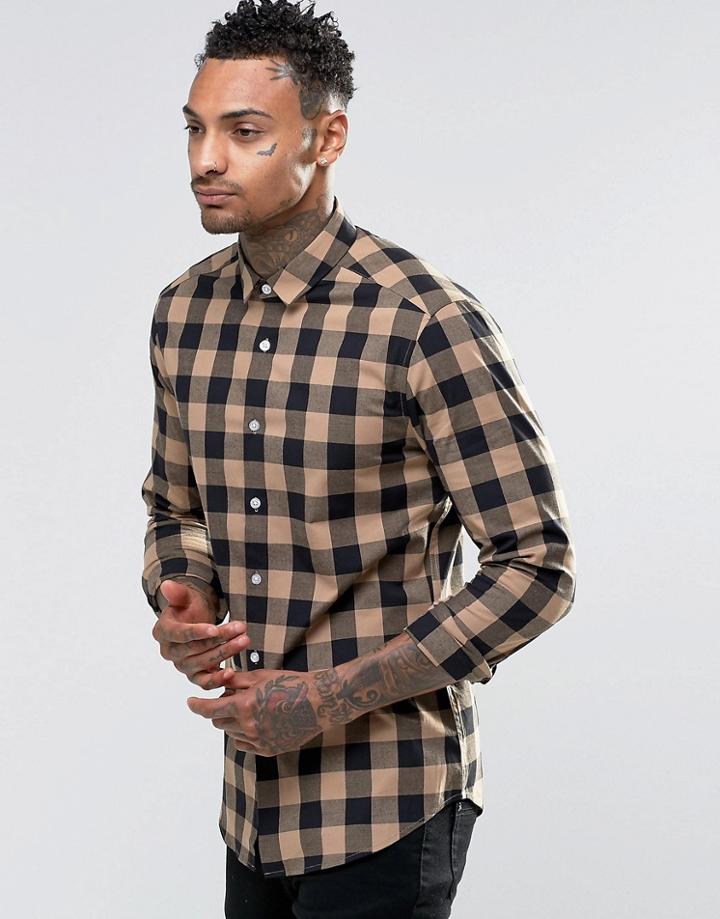 Asos Skinny Shirt In Beige Buffalo Plaid - Beige