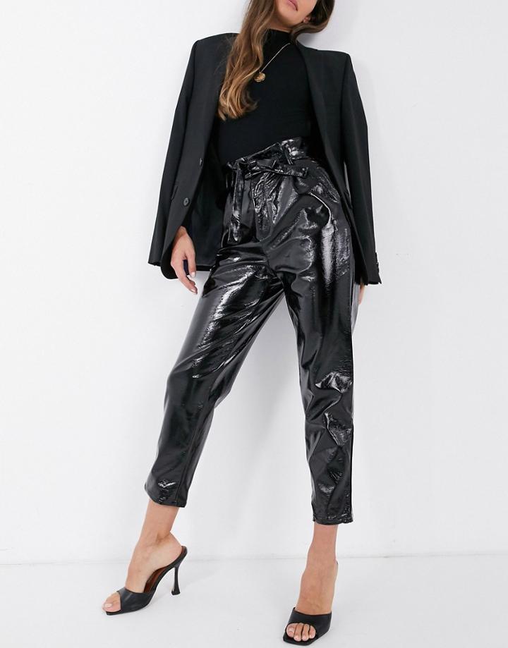 Na-kd Paperbag Waist Vinyl Pants In Black