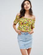 Missguided Tropical Print Shirred Waist Bardot Top - Yellow