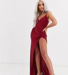 Club L London Petite Plunge Front Maxi Dress With High Thigh Split In Raspberry