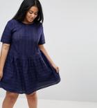 Asos Curve Mini Smock Dress In Broderie - Navy
