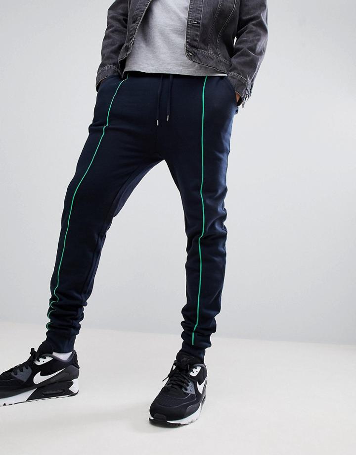 Asos Design Skinny Joggers In Navy With Light Green Piping - Navy