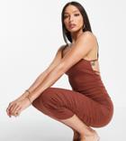 Asos Design Tall Square Neck Ruched Double Strap Back Midi Dress In Chocolate-brown