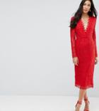 Asos Tall Long Sleeve Lace Midi Pencil Dress - Red