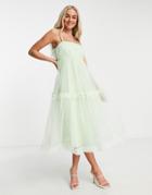 Lace & Beads Tiered Tulle Midi Dress In Pastel Green