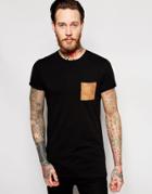 Asos Longline Muscle T-shirt With Faux Suede Pocket And Roll Sleeve In Black - Black