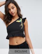 Missguided Peacock Embroidered Frill Top - Black