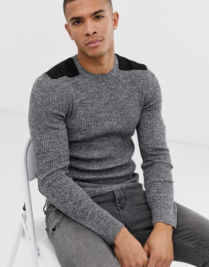 Asos Design Muscle Fit Ribbed Sweater With Patches In Black & White Twist-gray