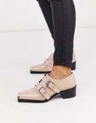 Asos Design Morning Leather Monk Flat Shoes In Beige