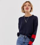 Brave Soul Petite Boston Sweater With Stripe Sleeve - Navy
