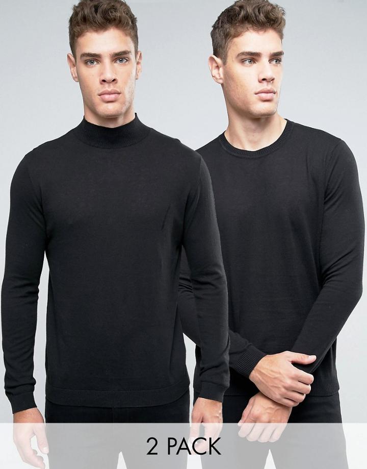 Asos Cotton Crew And Turtleneck Sweater 2 Pack- - Black
