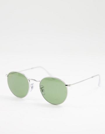 Ray-ban Round Sunglasses Silver Frame With Green Tint Lenses-gold