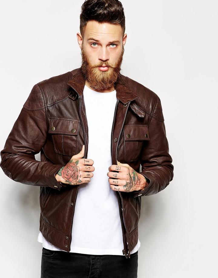 Asos Leather Jacket With Chest Pocket - Brown