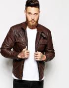 Asos Leather Jacket With Chest Pocket - Brown