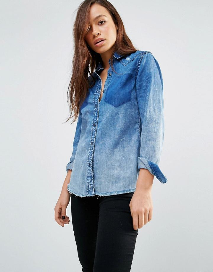 Blank Nyc Faded Denim Shirt With Raw Hem And Distressing - Blue