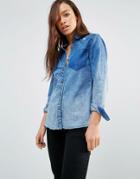 Blank Nyc Faded Denim Shirt With Raw Hem And Distressing - Blue