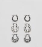 Asos Design Ornate Hoop Earring Pack In Burnished Silver - Silver