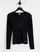 Guess Long Sleeve V Neck Logo Henley Top In Black