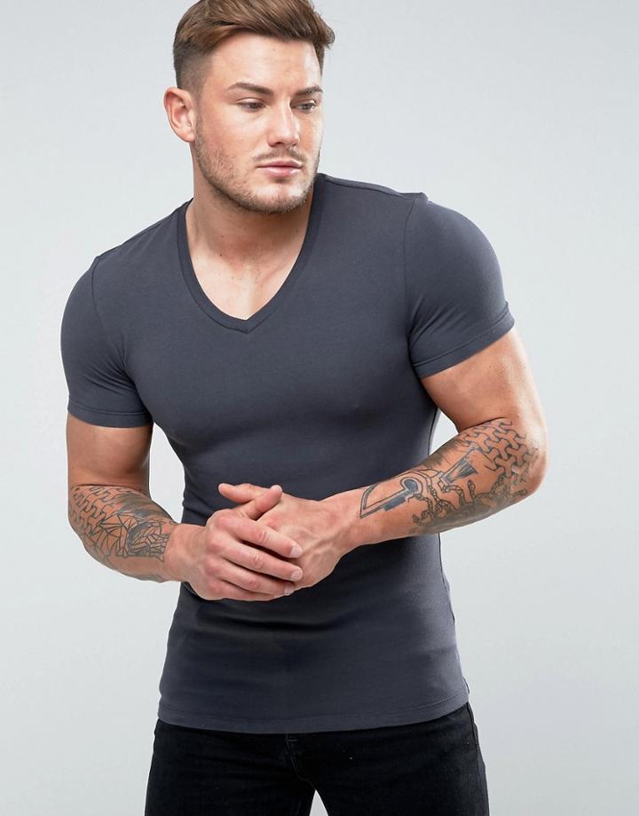 Asos Extreme Muscle Fit T-shirt With V Neck In Washed Black - Gray