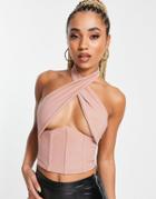 Femme Luxe Wrap Crop Top With Under Bust Detail In Mink-pink