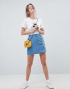 Asos Design Denim Button Through Wrap Skirt - Blue