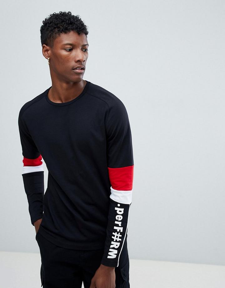 Jack & Jones Core Long Sleeve T-shirt With Arm Panel Stripes - Black
