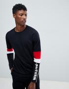 Jack & Jones Core Long Sleeve T-shirt With Arm Panel Stripes - Black