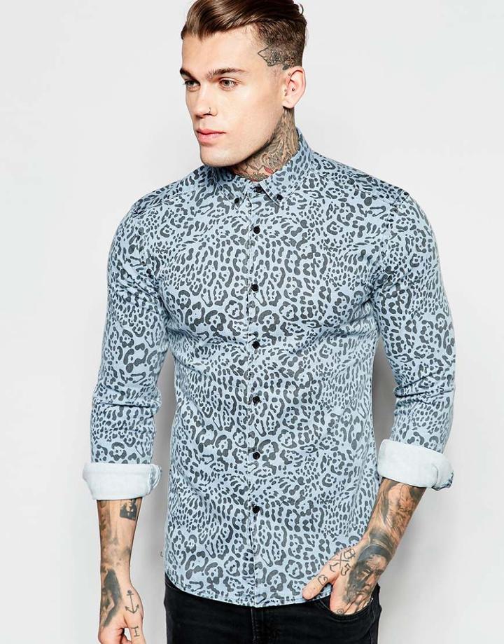 Asos Skinny Denim Shirt In Leopard Print - Black