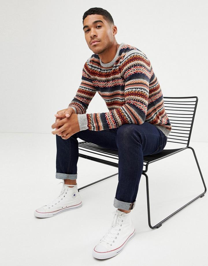 Pull & Bear Fair Isle Sweater In Gray - Green