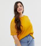 Asos Design Curve T-shirt With Lace Sleeve - Yellow