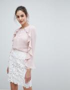 Lipsy Ruffle Detail Top With Pearl Trim - Pink