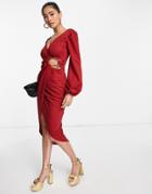 Asos Design Ring Wrap Long Sleeve Midi In Red