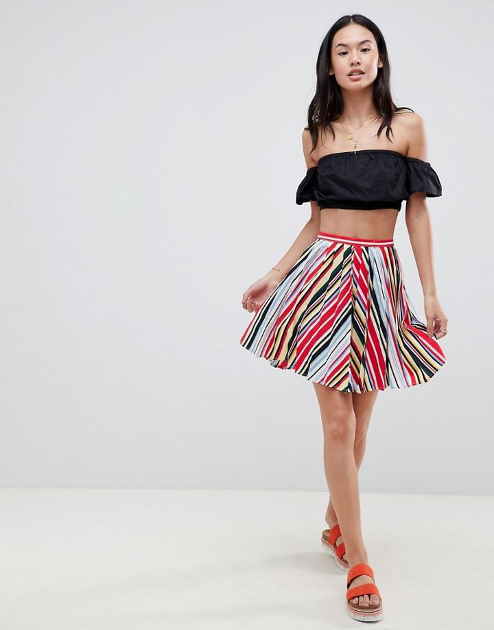 Boohoo Pleated Stripe Mini Skater Skirt - Multi