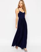 Asos Cami Maxi Dress With Pleated Skirt - Navy